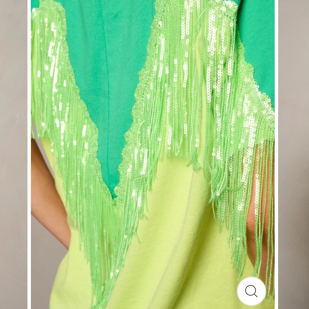 FANTASTIC FAWN Lime Green Colorblock Top With Sequin Fringe VARIOUS - Picture 2 of 4